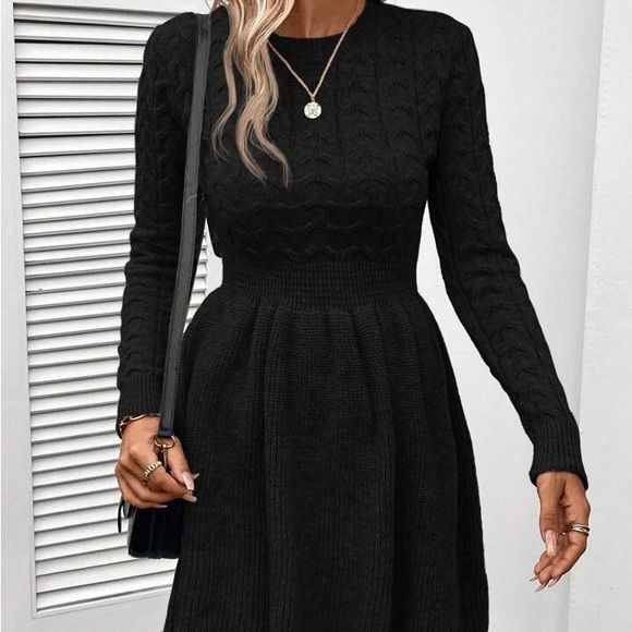 New Chic Cable Knit Skater Long Sleeve Knit Sweater Dress - Picture 3 of 13